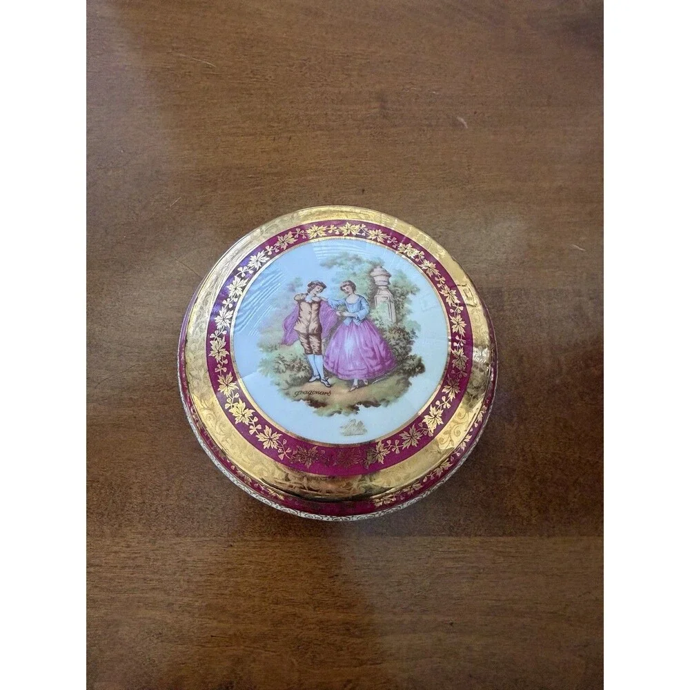 Antique French Limoges Fuchsia Pink Gold Porcelain Vintage Dresser Trinket Box‎